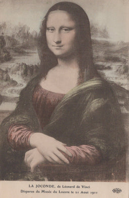 Mona Lisa painting with a scenic landscape background