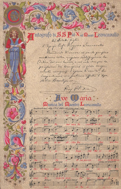 Sheet music with decorative border and text, featuring a religious figure.
