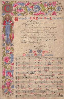 Sheet music with decorative border and text, featuring a religious figure.