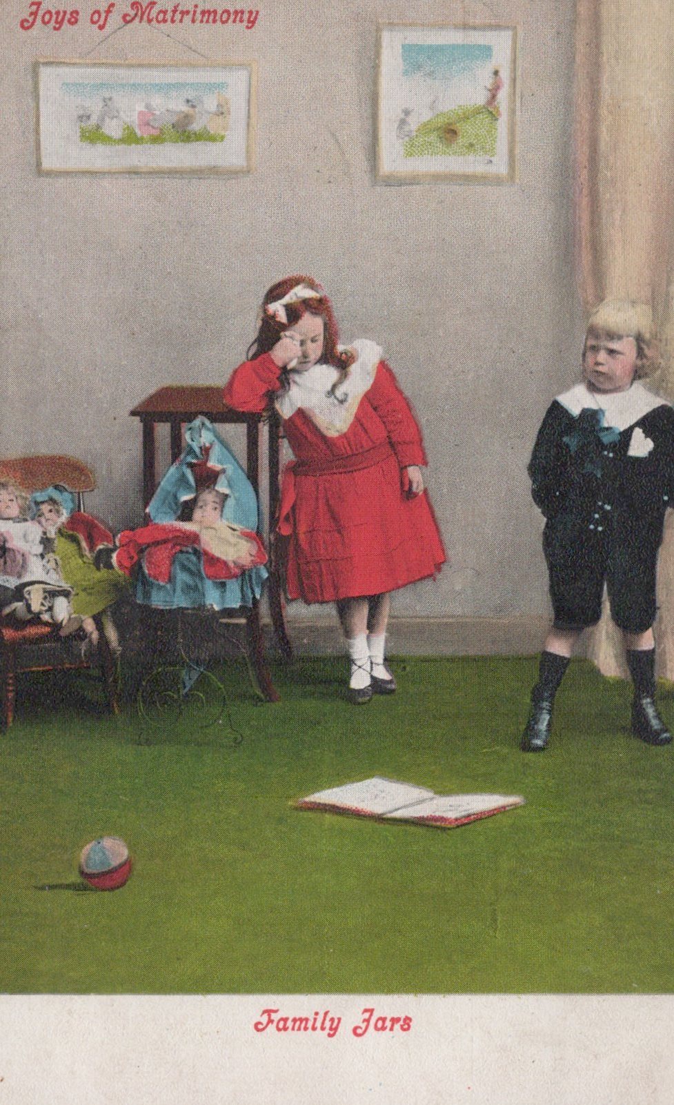 Vintage illustration of two children in a room with toys and furniture.