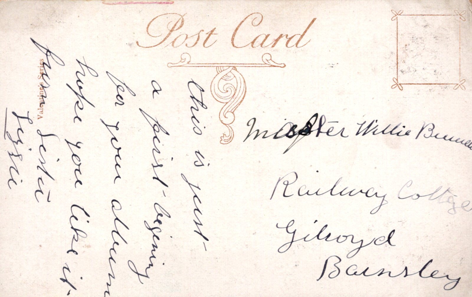 Vintage postcard with handwritten text and decorative elements on a light brown background