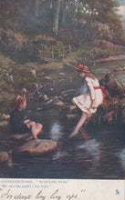 Load image into Gallery viewer, Two children by a stream in a forest setting with text at the bottom.
