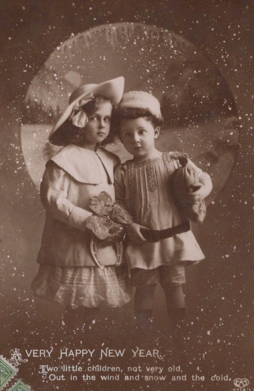 Vintage photograph of two children in winter clothing with a decorative border and text.