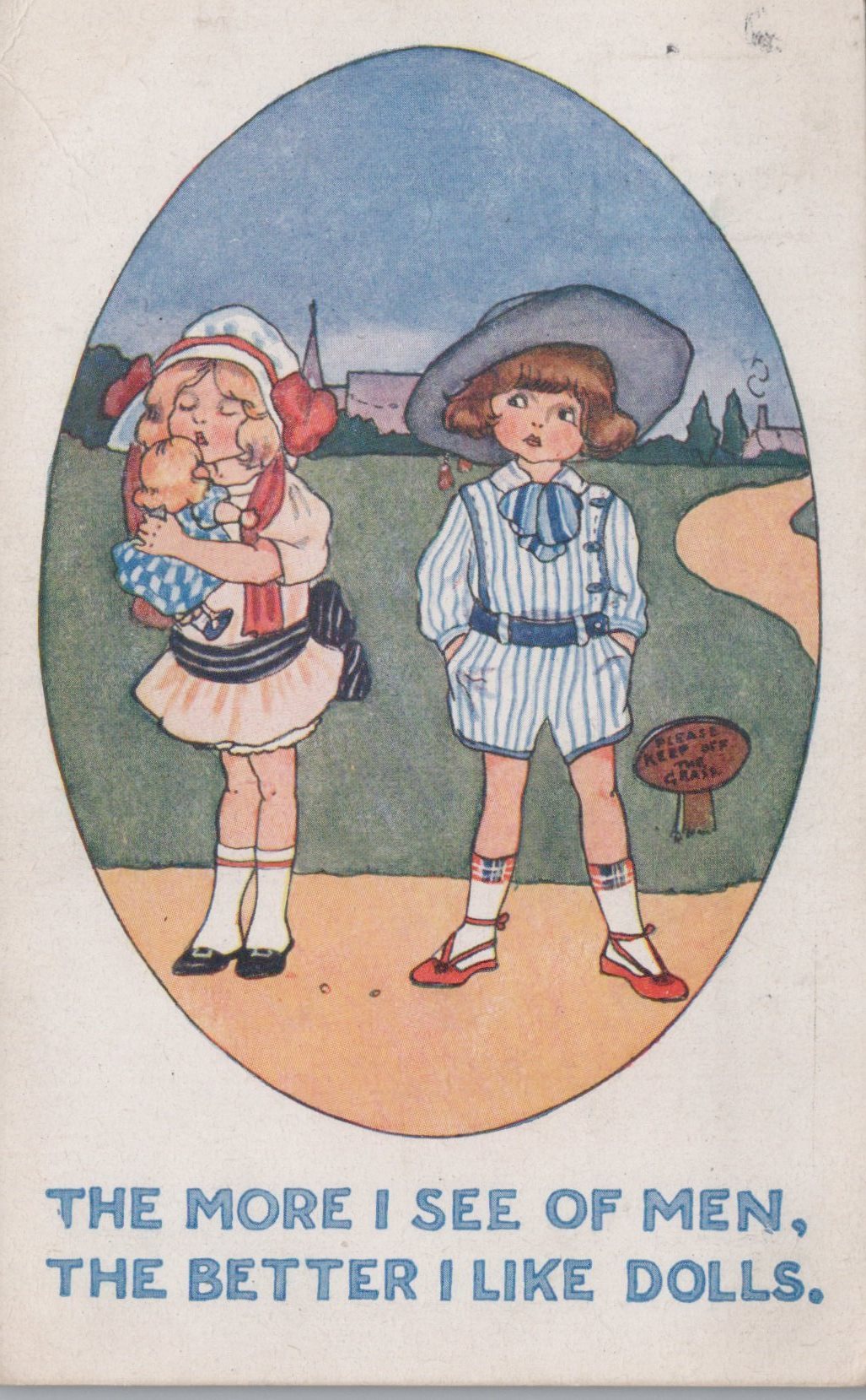 Vintage illustration of two children, one holding a doll, with text about dolls.