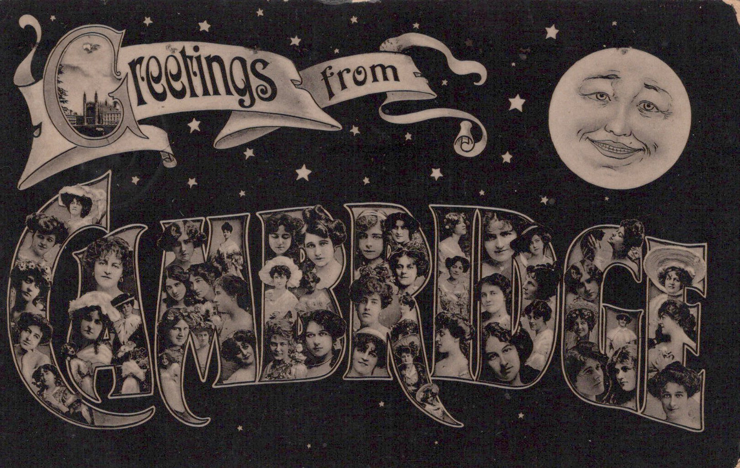 Vintage-style greeting card with collage of faces and decorative text on a dark background