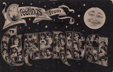 Vintage-style greeting card with collage of faces and decorative text on a dark background