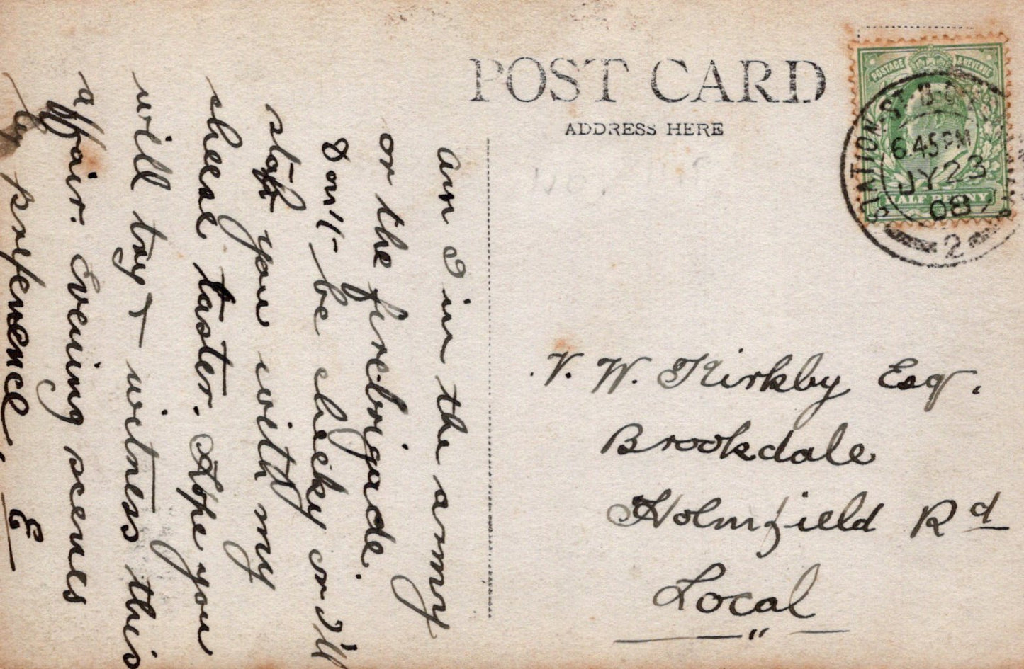 Vintage postcard with handwritten text and a stamp, featuring the word 'Postcard' at the top.