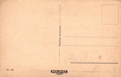 Vintage brown postcard with 'Polonia' branding and text on a beige background