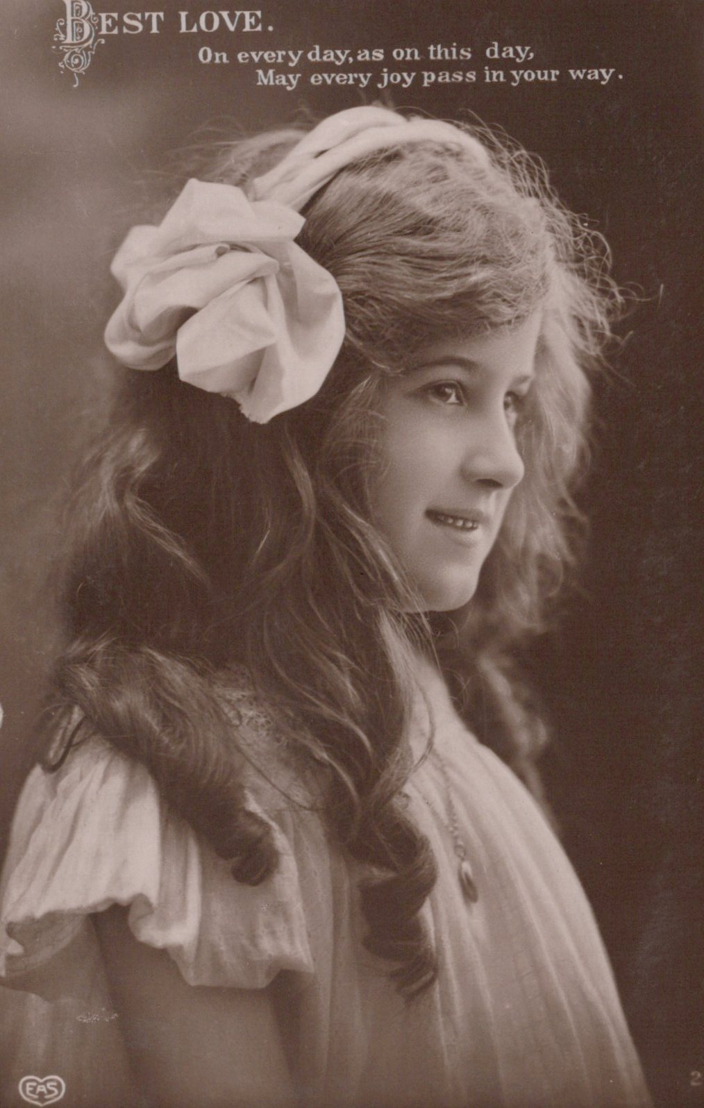 Vintage-style portrait of a woman with a large white flower in her hair, with text at the top.