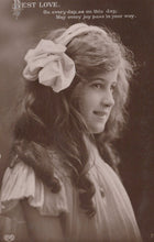Load image into Gallery viewer, Vintage-style portrait of a woman with a large white flower in her hair, with text at the top.
