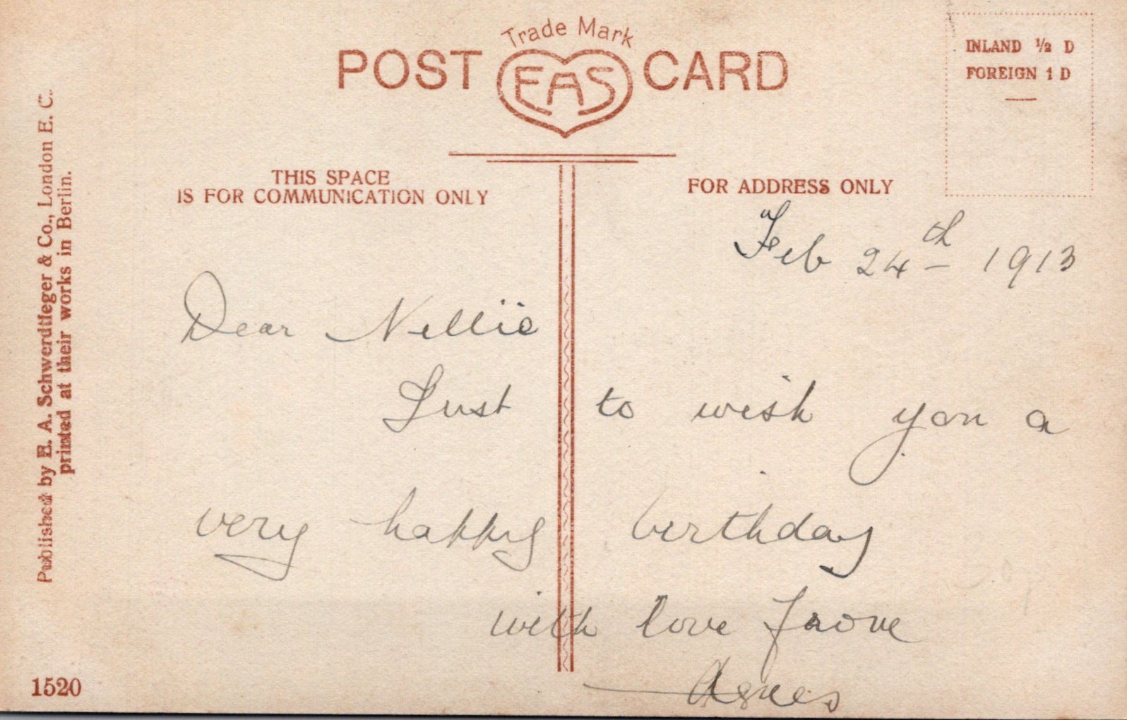 Vintage postcard with handwritten message and EAS logo
