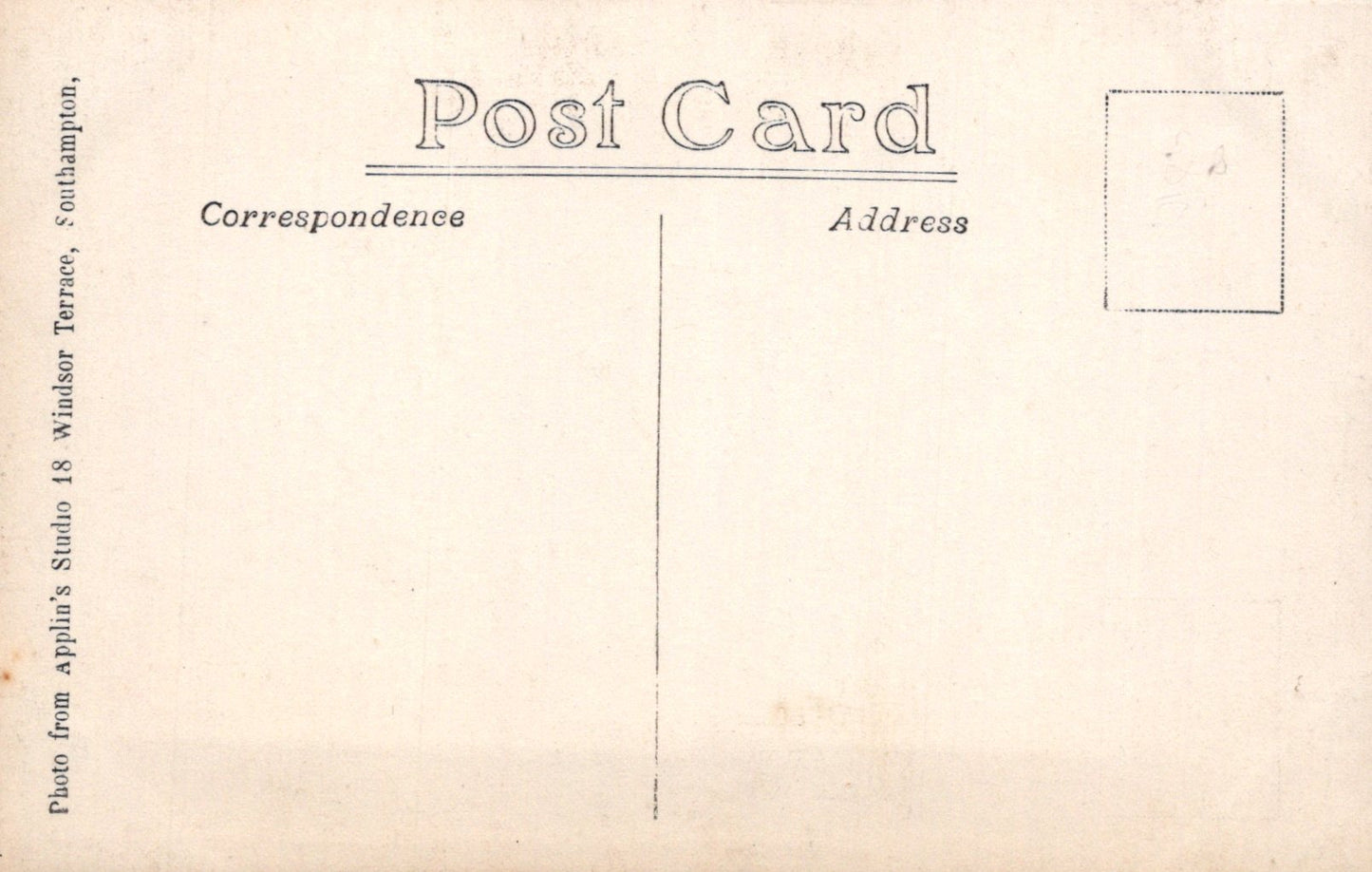 Vintage postcard back with 'Post Card Correspondence Address' text and a small rectangular area for writing.