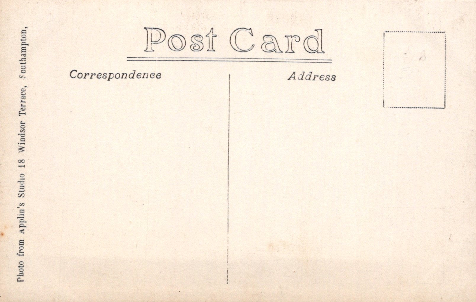 Vintage postcard back with 'Post Card Correspondence Address' text and a small rectangular area for writing.