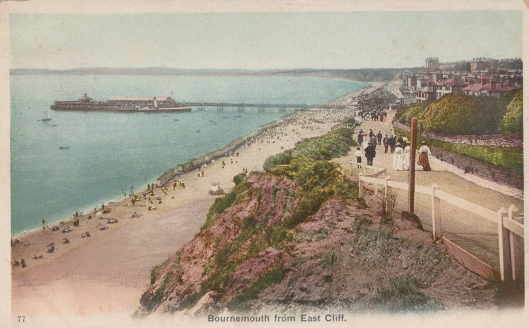 Vintage postcard of Bournemouth from East Cliff showing a beach and sea.