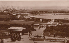 Load image into Gallery viewer, Vintage photograph of King&#39;s Gardens in Southport, featuring a park with people and buildings in the distance.
