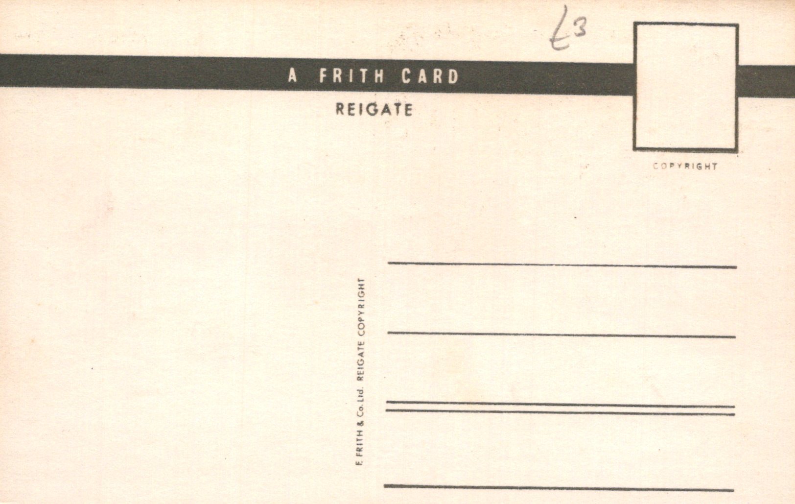 Back of a vintage postcard with 'A Frith Card Reigate' text and a blank area for writing.