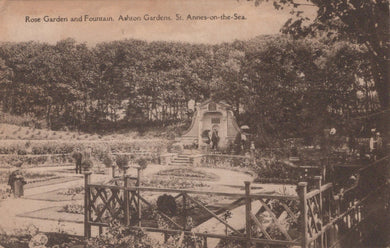 Vintage postcard of a rose garden and fountain in Ashton Gardens, St. Anne's-on-the-Sea