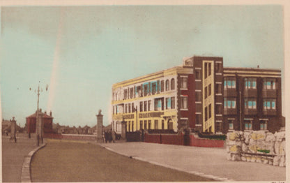 Historical photograph of a building with a pastel color palette