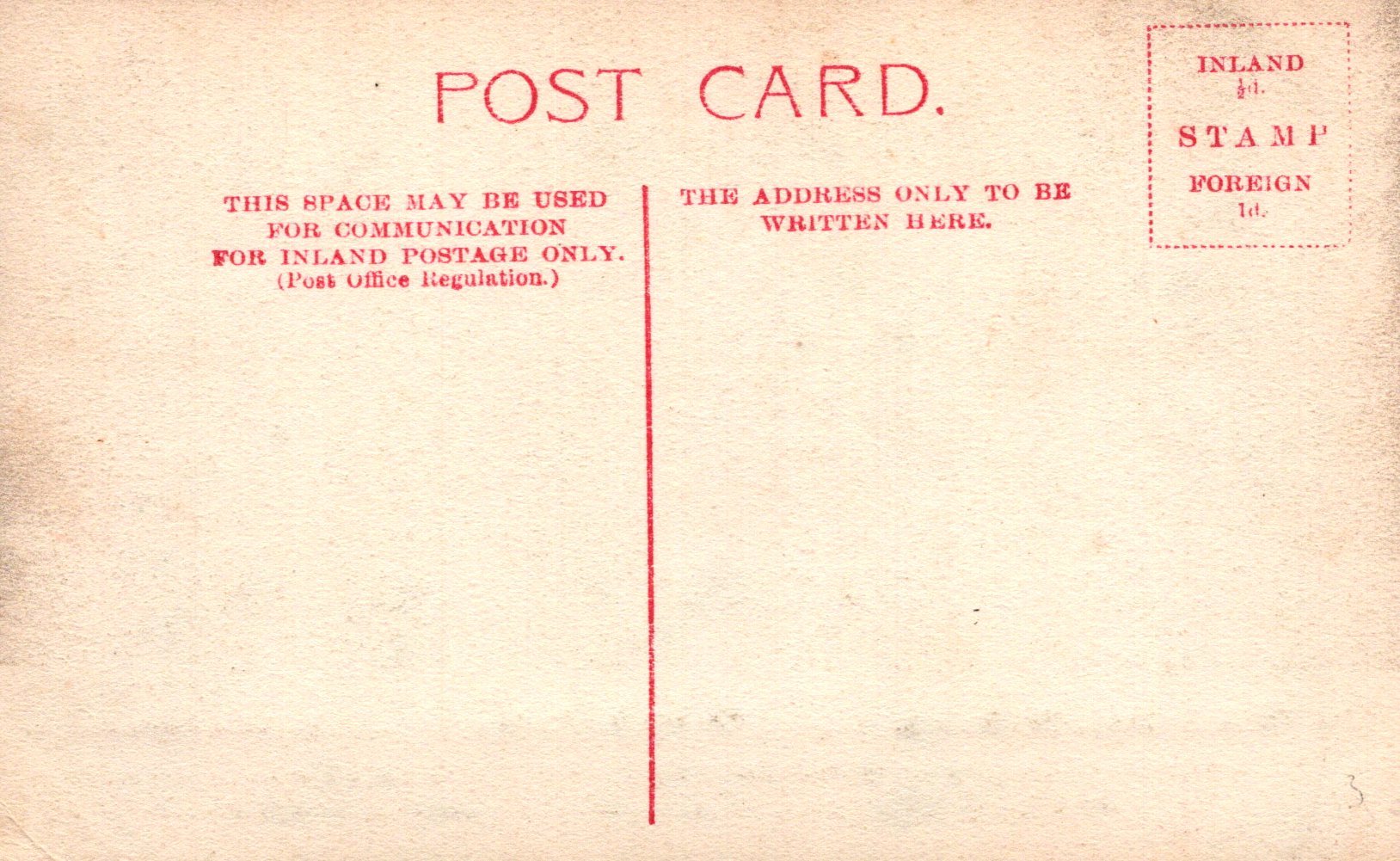 Vintage postcard with red text and stamp information on a beige background