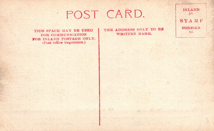 Vintage postcard with red text and stamp information on a beige background