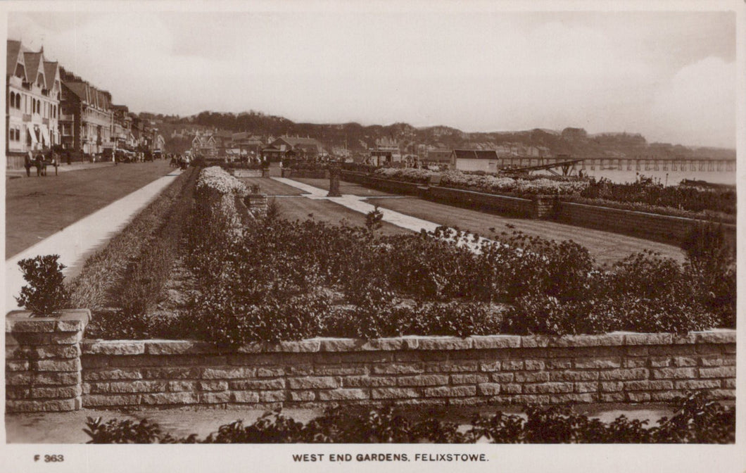 Vintage black and white photograph of West End Gardens in Felixstowe, showing a garden with stone walls and a view of the town.
