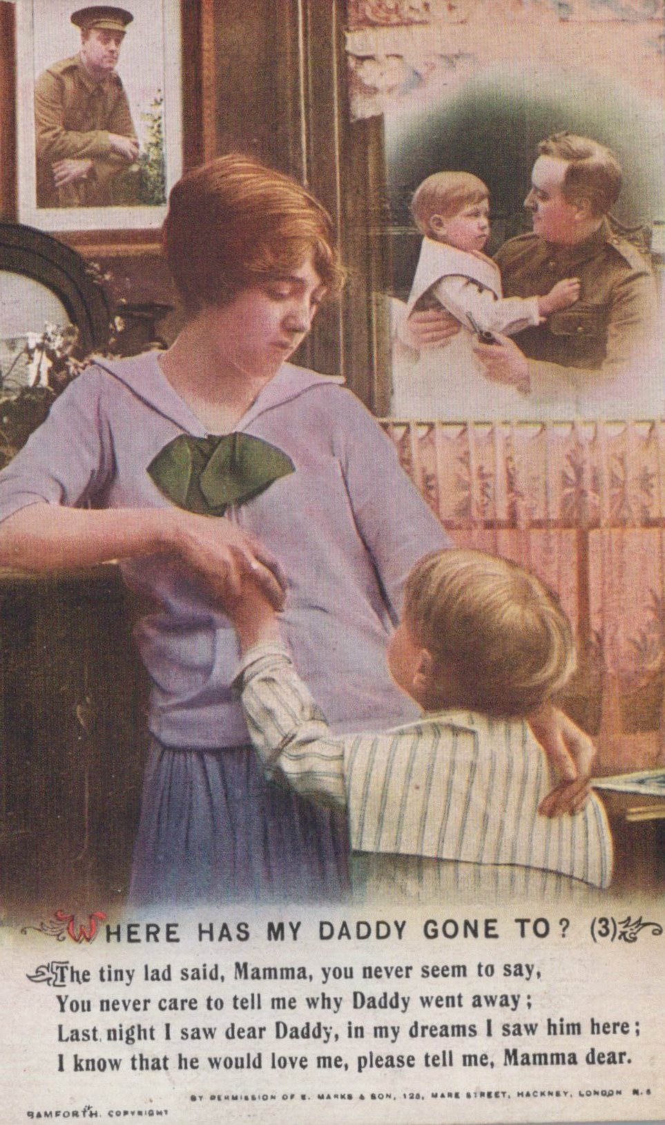 Vintage postcard showing a woman and child with a soldier in the background, featuring text about a father's absence.