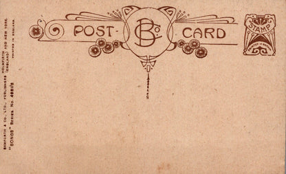 Vintage-style postcard with decorative border and text on a brown background