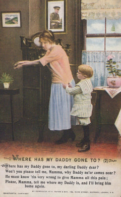 Vintage illustration of a woman and child in a room with a window, text at the bottom.