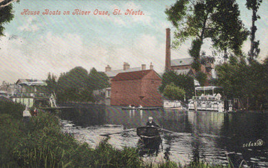 Vintage postcard of houseboats on the River Ouse in St. Neots, with a red-brick building and trees in the background.
