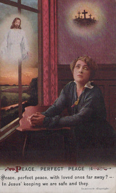 Vintage-style illustration of a woman sitting by a window with religious symbols and text.