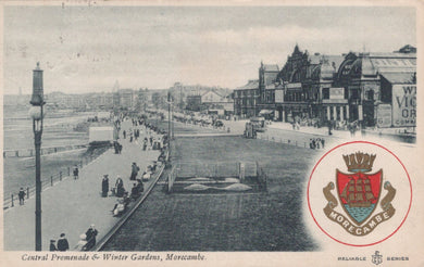 Vintage postcard of a promenade with buildings and people, featuring the Morecambe logo.