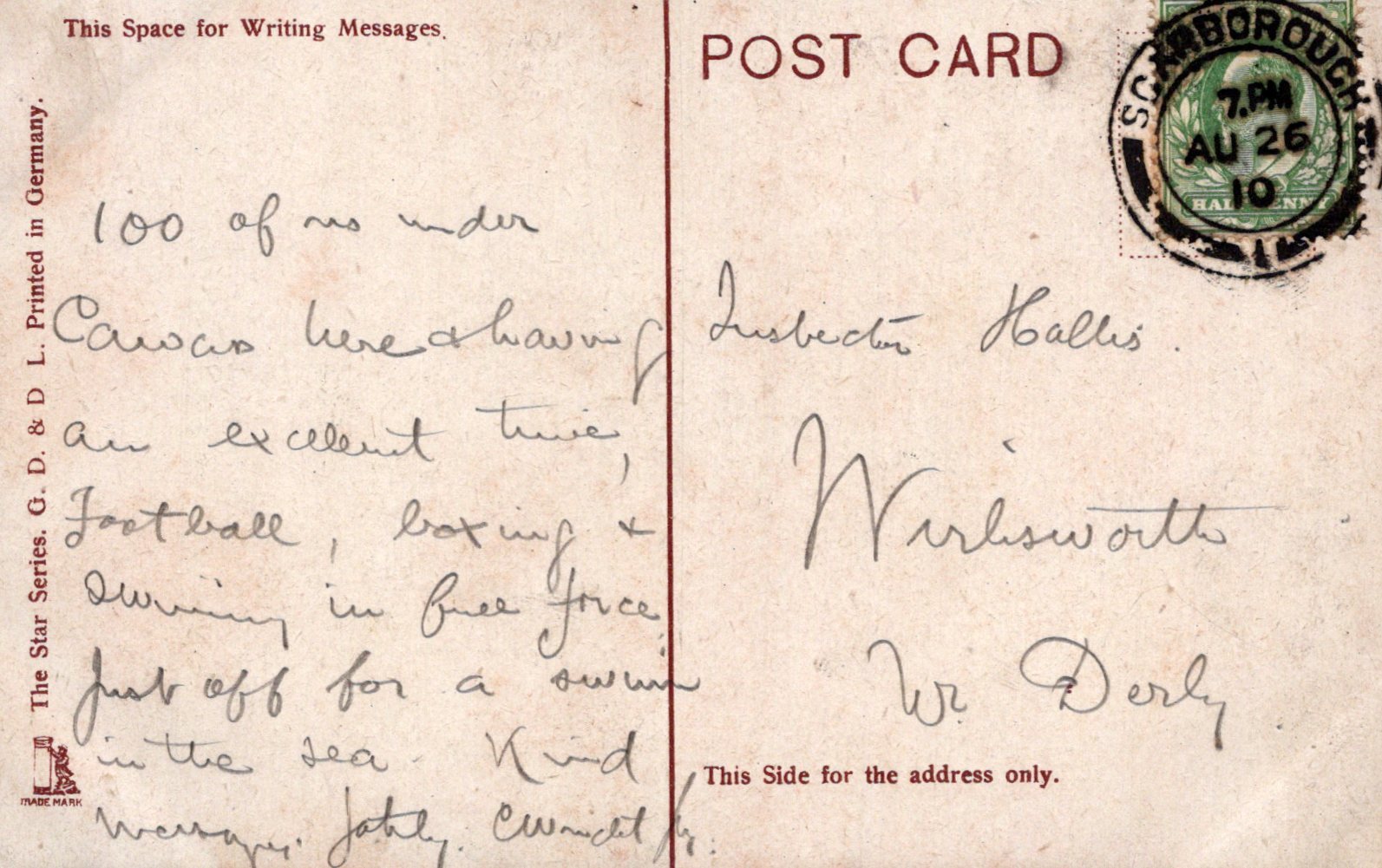 Vintage postcard with handwritten text and a stamp, featuring a message from a visitor to Warliskworth, W. Derby.