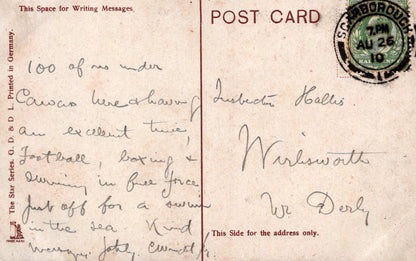 Vintage postcard with handwritten text and a stamp, featuring a message from a visitor to Warliskworth, W. Derby.