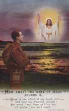 Load image into Gallery viewer, Vintage illustration of a soldier praying with a resurrected Christ figure in the background
