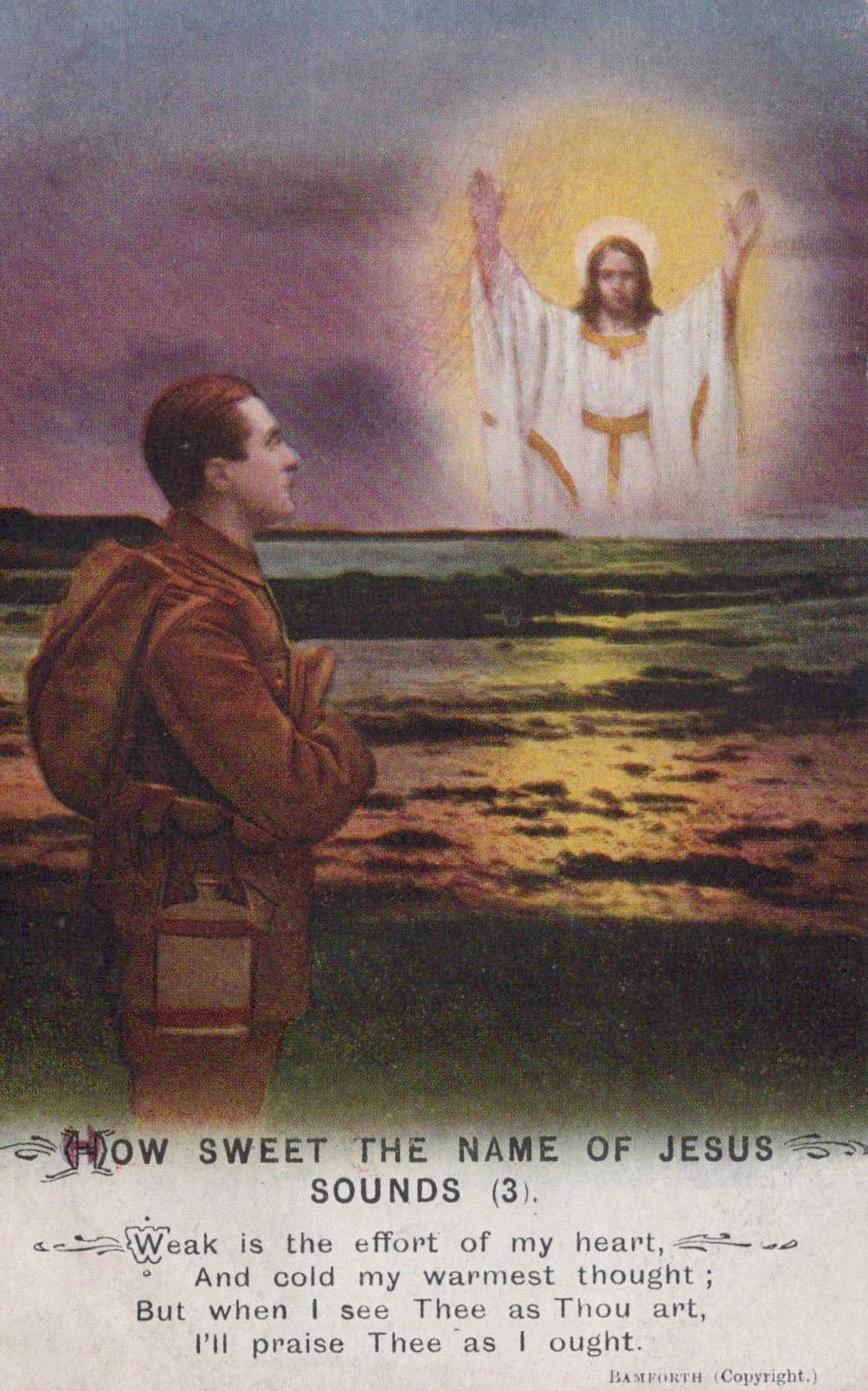 Vintage illustration of a soldier praying with a resurrected Christ figure in the background