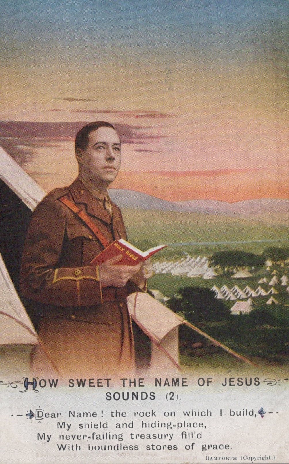 Vintage-style illustration of a soldier with a book, set against a scenic landscape with tents.