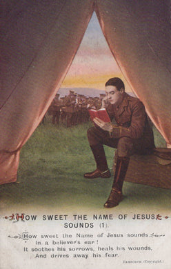 Man reading a book in a tent with a scenic view, featuring text at the bottom.