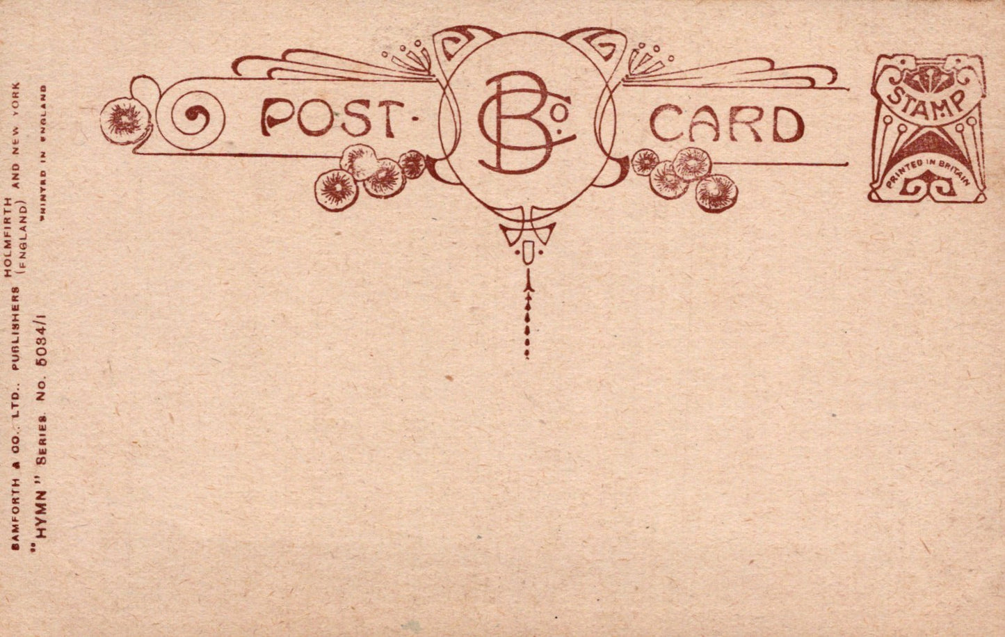 Vintage-style postcard with decorative elements and 'BC' logo on a textured brown background.