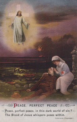 Vintage religious poster with a scene of a man lying on the ground, a woman tending to him, and a figure of Jesus on a cross in the sky.