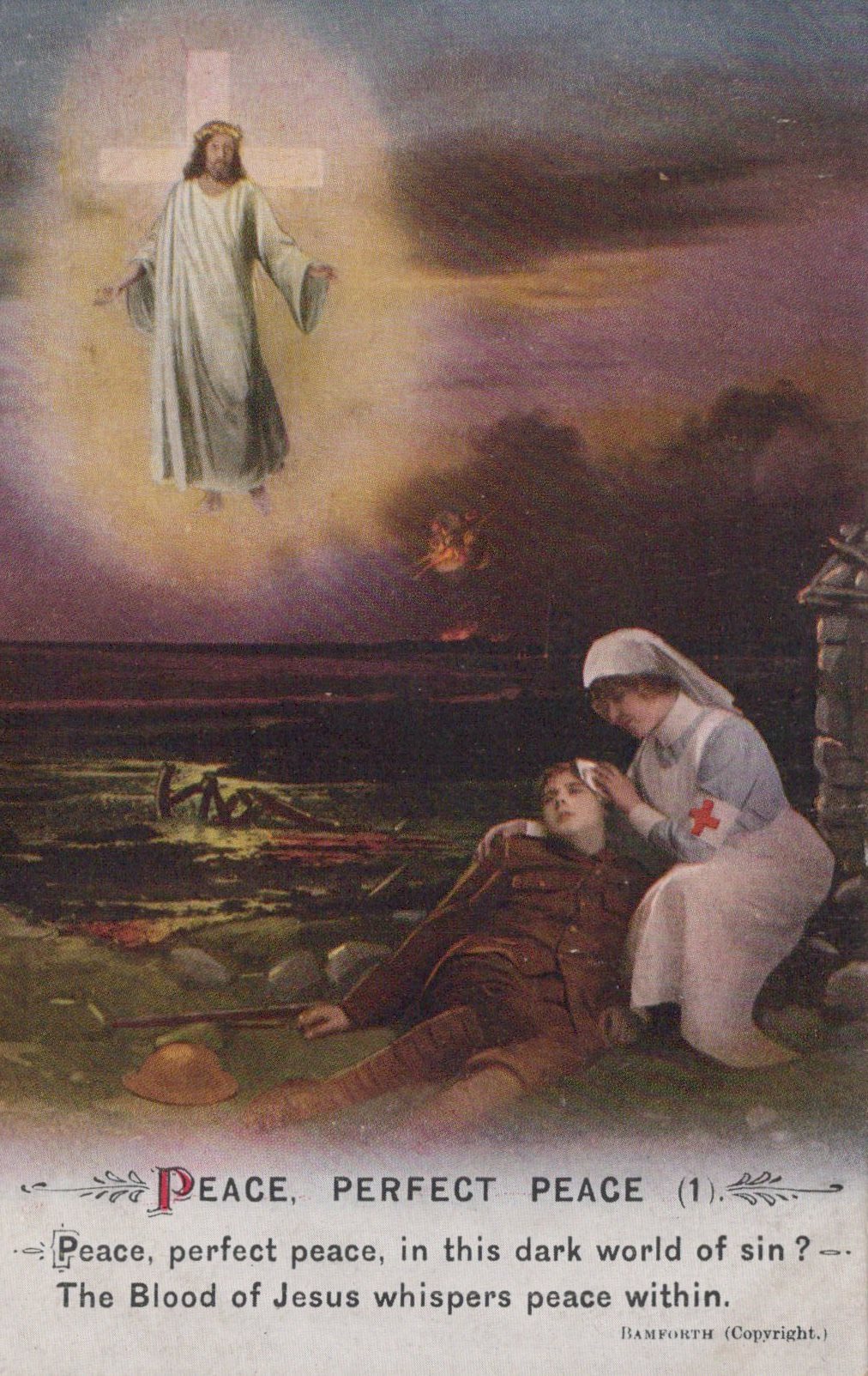 Vintage religious poster with a scene of a man lying on the ground, a woman tending to him, and a figure of Jesus on a cross in the sky.