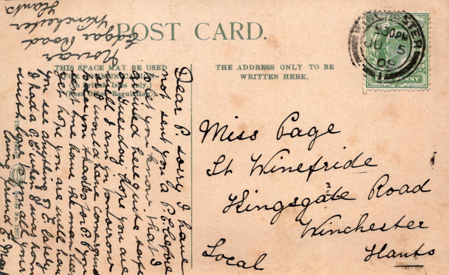 Vintage postcard with handwritten text and a stamp, featuring airmail label.