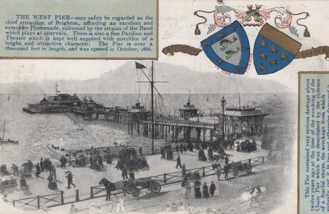 Vintage postcard of a pier with people and vehicles, featuring heraldic designs at the top.