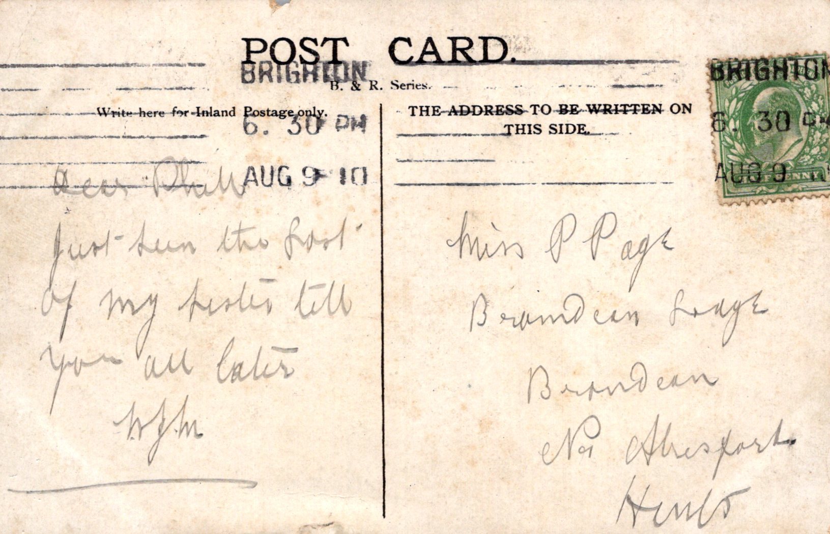 Vintage postcard with handwritten text and a stamp, addressed to Brighton.