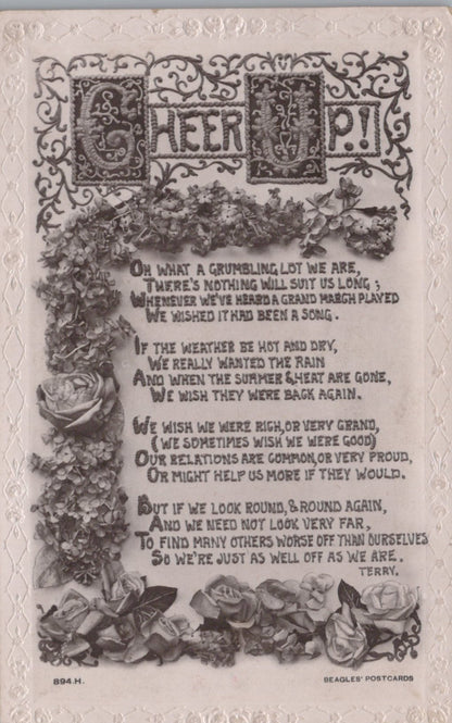 Vintage-style postcard with decorative text and floral elements on a white background
