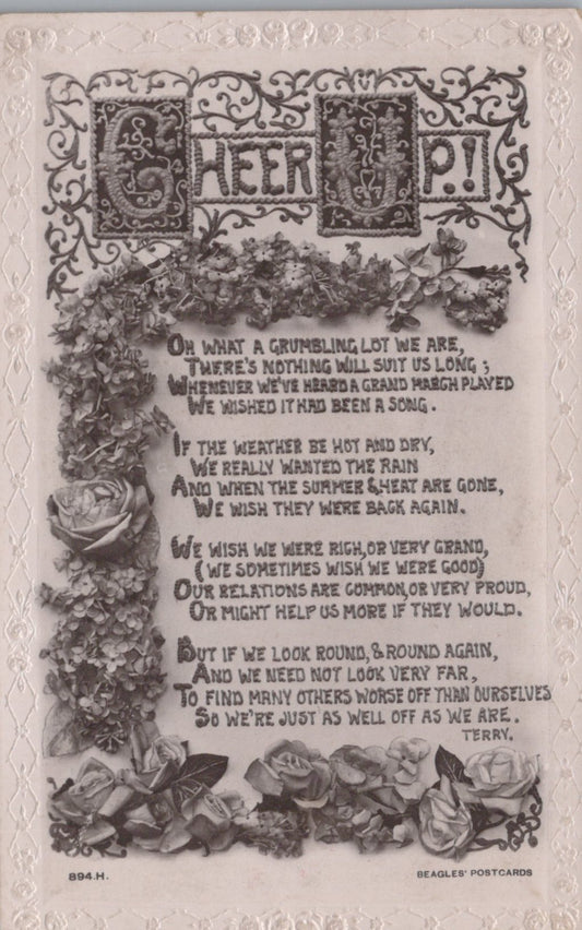 Vintage-style postcard with decorative text and floral elements on a white background