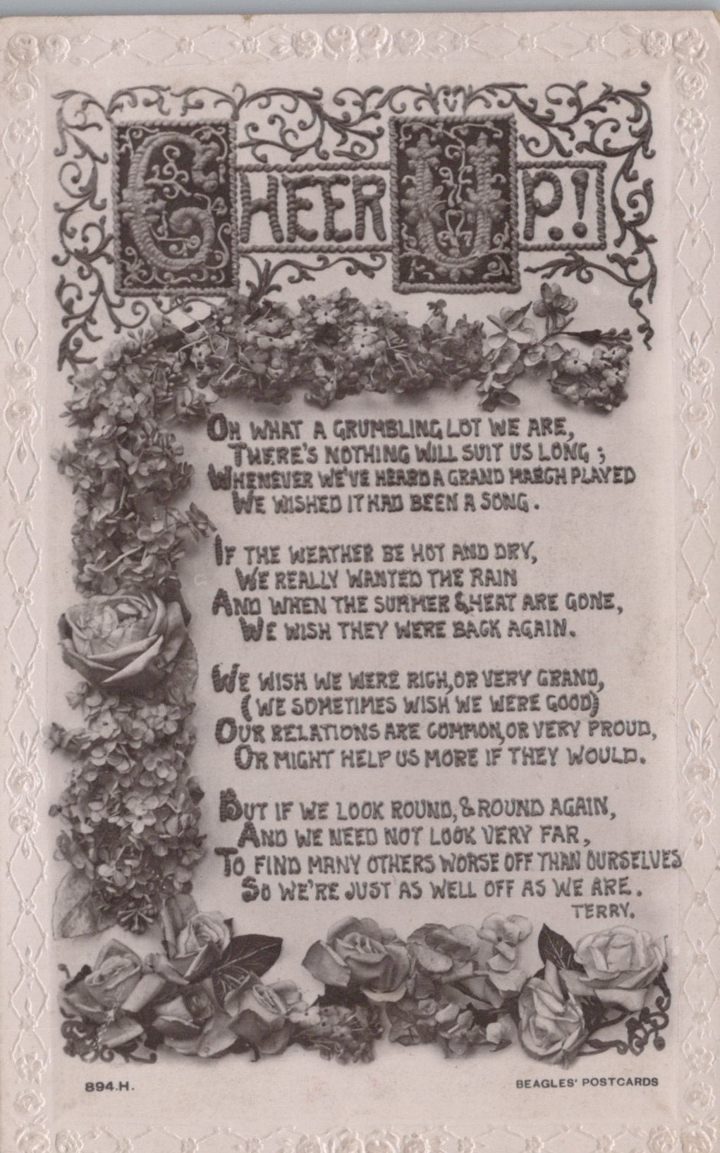 Vintage-style postcard with decorative text and floral elements on a white background