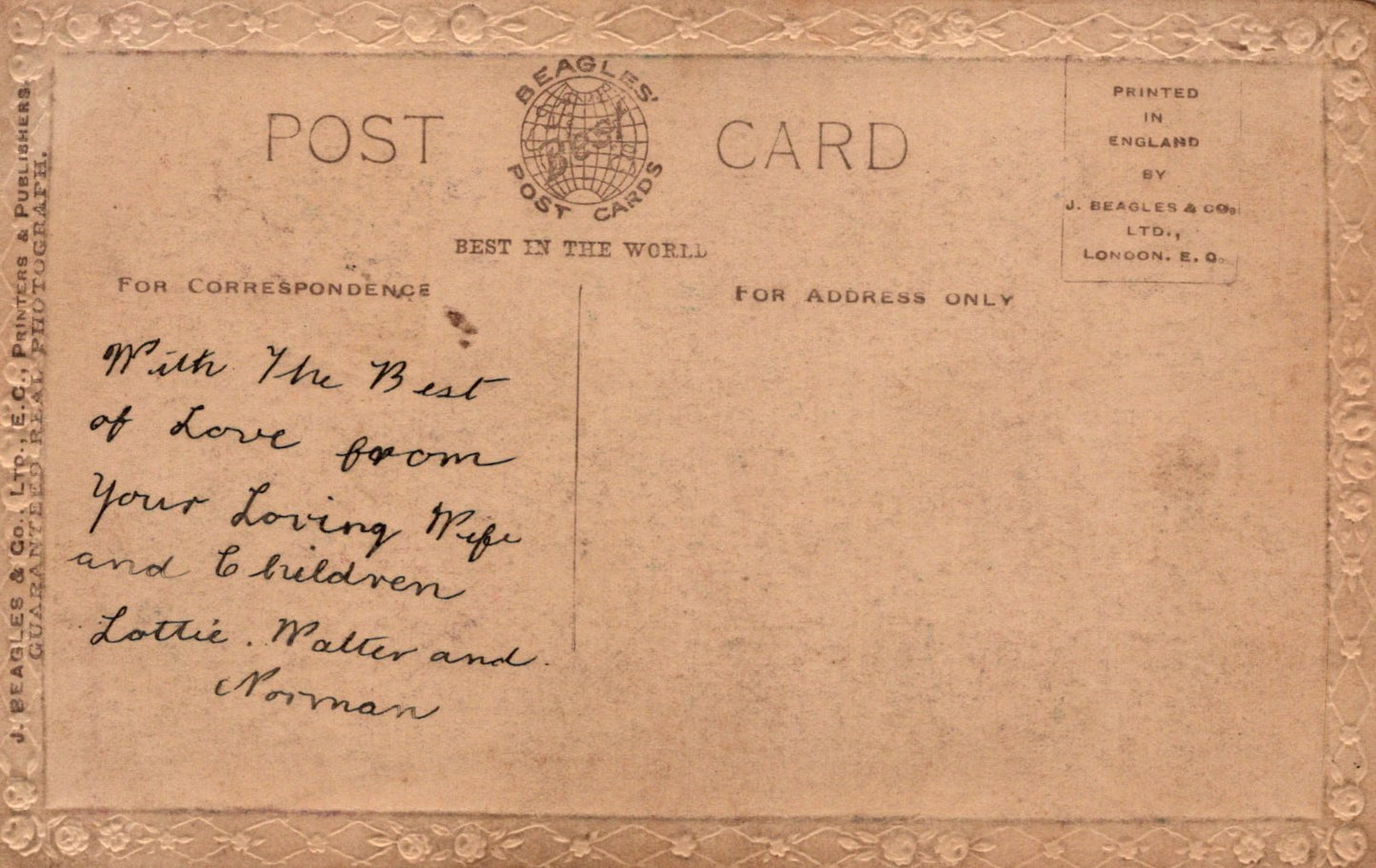 Vintage postcard with decorative border and handwritten message