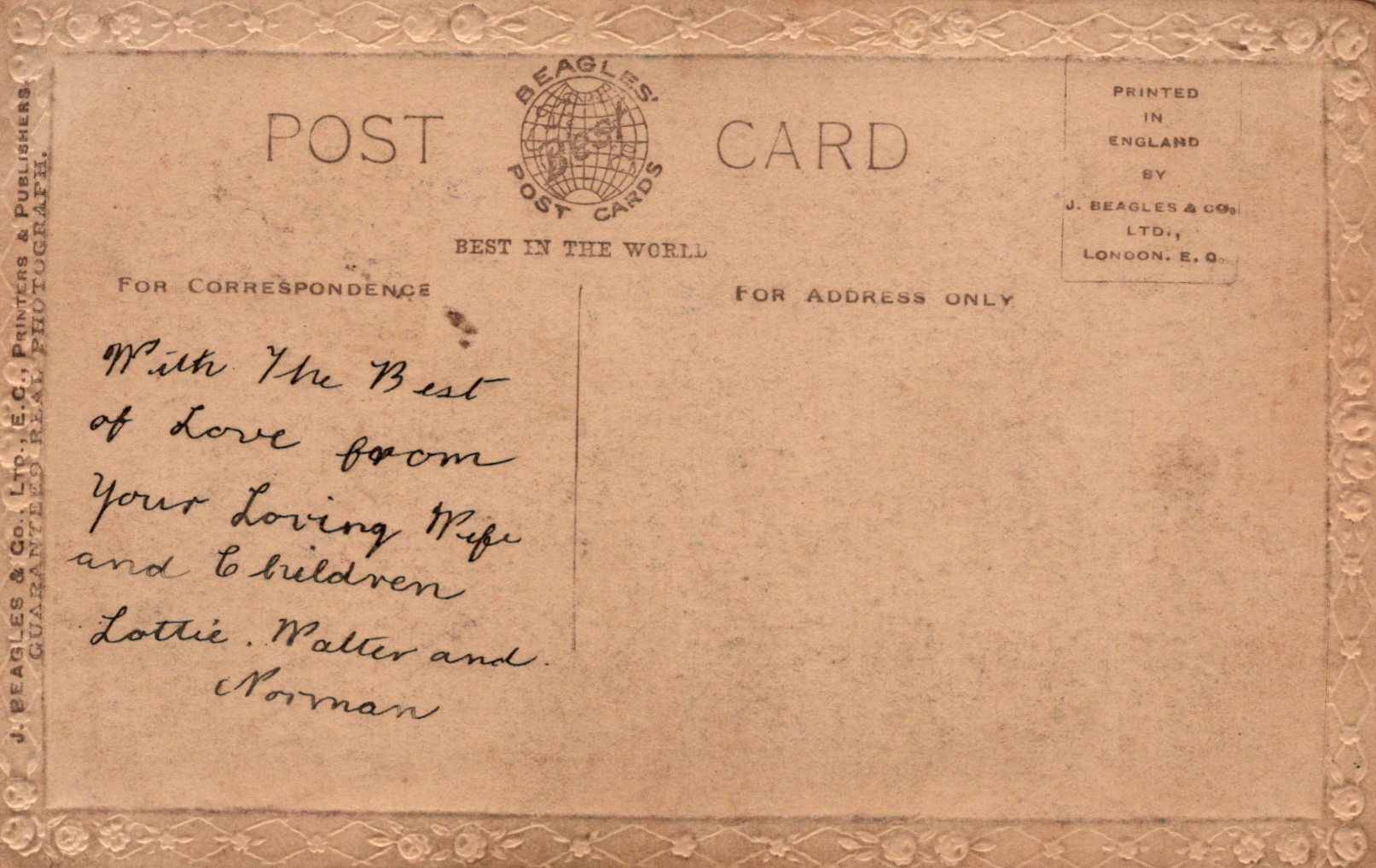 Vintage postcard with decorative border and handwritten message