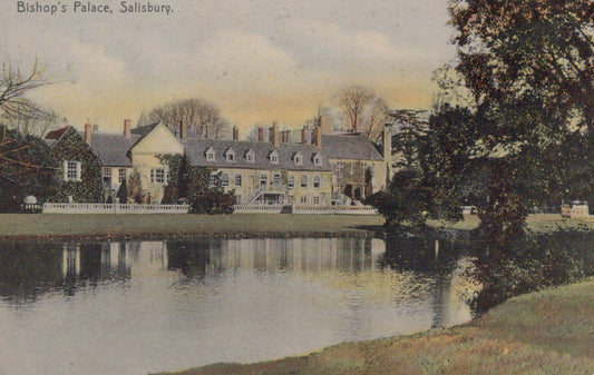 Historic building with a pond in front, labeled 'Bishop's Palace, Salisbury'