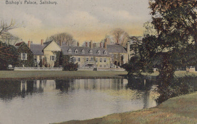 Historic building with a pond in front, labeled 'Bishop's Palace, Salisbury'